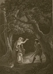 Drottning Margaret attackerad av rånaren, graverad av J. Landseer, illustration från David Humes "The History of England", pub. av R. Bowyer, London, 1812